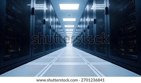 A modern server room featuring rows of rack servers, essential for data storage and processing. Ideal for illustrating technology, networking, and cloud computing.