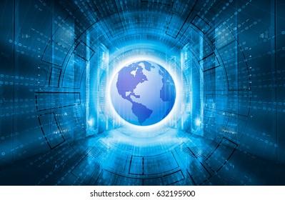modern server room symmetry ranks supercomputers. Concept of digital earth pervades the servers of data center
