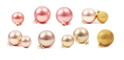 Modern Set Of Glass Christmas Toys. . New Year's Glass Balls. Pearl, Pink And Gold Colors. Stock Photo, Isolated On White, Side View.