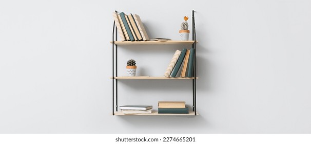 Modern shelves with books and cacti hanging on light wall - Shutterstock ID 2274665201