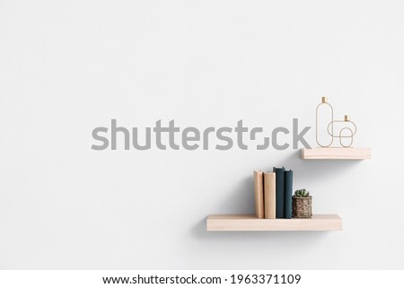 Modern shelves with books and decor on white wall