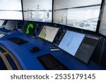 Modern ship control panels. The captain bridge equipment as a part of marine navigation simulation system