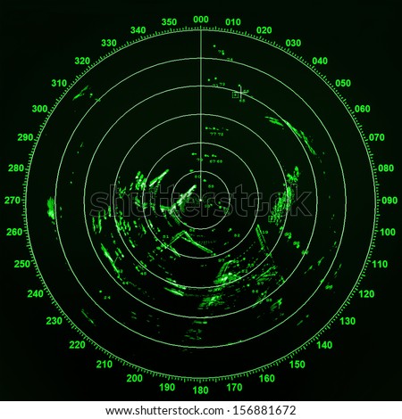 Modern ship radar screen with green round map on black background