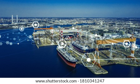 Modern shipyard aerial view and communication network concept. Logistics. INDUSTRY 4.0. Factory automation.
