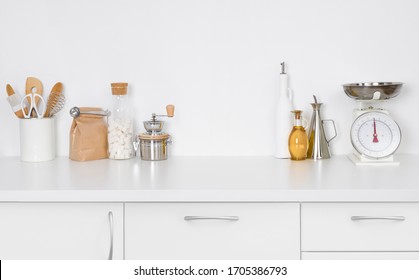 Modern simple kitchen counter interior with kitchenware on white background