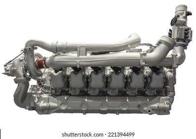 Modern Six Cylinder Diesel Engine For A Bus Isolated On White Background