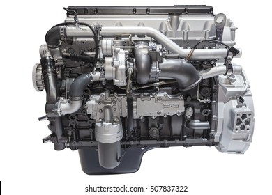 Modern Six Cylinder Heavy Duty Turbo Diesel Engine Isolated On White
