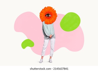 Modern sketch of shy lady with red bloom plant eye look isolated on pastel color background. Woman health care concept