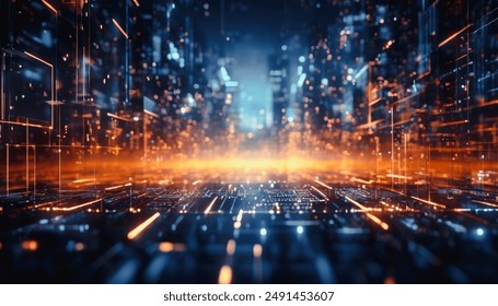 Modern skyline with illuminated skyscrapers reflecting off a calm surface in a digital landscape. Premium light background for technology wallpaper. - Powered by Shutterstock