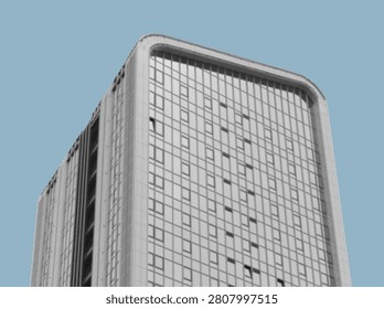 Modern skyscraper facade with rounded corners against a clear sky. Urban office building with a grid of windows and clean architecture. Real estate, cityscape, and corporate property background.
