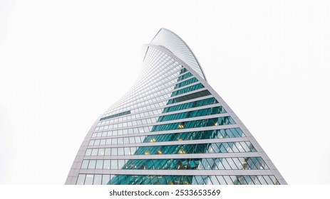 A modern skyscraper with a unique curved design rises into the sky, showcasing a glass facade that reflects the cloudy atmosphere of the city. Curved skyscraper with reflective glass facade.  - Powered by Shutterstock