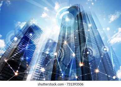 Modern Skyscrapers Of Madrid And Business Network Connections Concept. Technology, Transformation And Innovation Idea. 