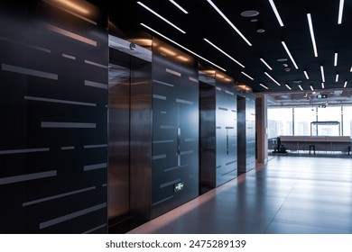 A modern, sleek corridor with a futuristic design. The corridor features dark walls with horizontal and vertical light strips, creating a dynamic pattern - Powered by Shutterstock