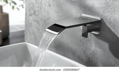 Modern and sleek wall-mounted waterfall faucet with a minimalist design, flowing gracefully into a pristine white basin. Ideal for luxury bathrooms, blending functionality with contemporary elegance - Powered by Shutterstock