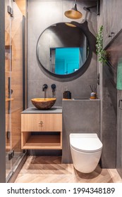 Modern Small Bathroom Interior Design. Dark Style