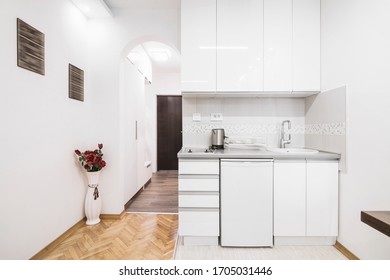 Modern Small White Kitchen Home Interior In Apartment.