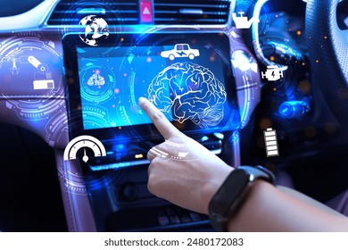 Modern smart car technology intelligent system using Heads up display (HUD) Autonomous self driving mode vehicle on city road with graphic sensor radar signal system intelligent car , generate Ai - Powered by Shutterstock