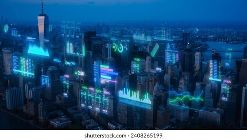 Modern Smart City Concept: Aerial Helicopter Footage of New York City with Animated Digitization Visuals Over Landmark Business Buildings. VFX Data with Graphs, Charts, Urban Analytical Reports - Powered by Shutterstock