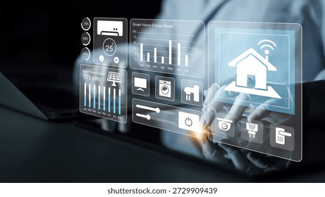 A modern smart home technology interface showcases data visualization and remote monitoring features for efficient energy management and home automation solutions. Gantry - Powered by Shutterstock - Get 15% off with code: PIKWIZARD15