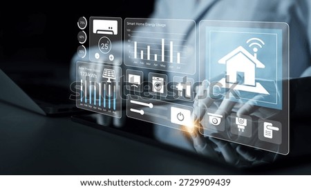 A modern smart home technology interface showcases data visualization and remote monitoring features for efficient energy management and home automation solutions. Gantry
