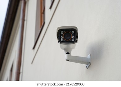 Modern Smart Outdoor Cctv Camera With Night Vision On House, Protecting Property Against Burglars And Robbers