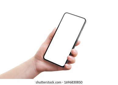 Modern Smart Phone Mockup In Woman Hand. Isometric Position. White Background