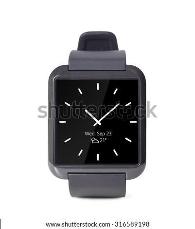 modern smart watch with date and weather on the watchface isolated on white background