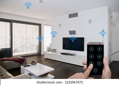 modern smarthome living room controlled by man holding a smartphone