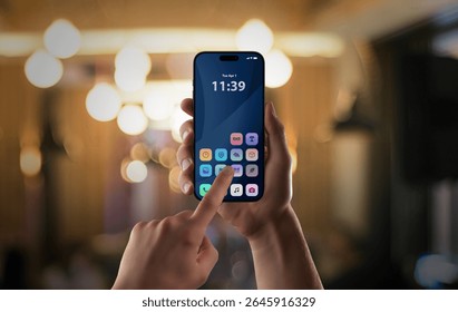 Modern smartphone app interface tapped in vibrant nightlife setting, showcasing intuitive user interaction with mobile UI.