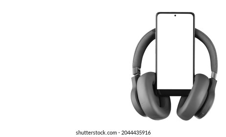 modern smartphone with blank white screen for inserting an inscription or logo with wireless headphones isolated on white background, blank for design or mockup, copy space