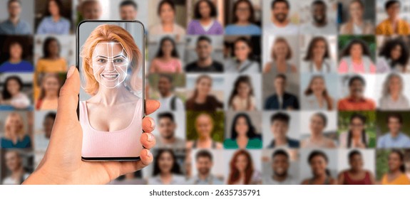 Modern smartphone face recognition technology in action with a diverse crowd