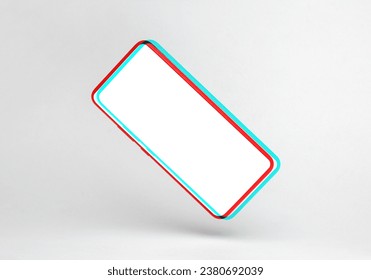 Modern smartphone mockup with white screen flying in antigravity on gray background with shadow. Levitation object in the air. Creative minimal layout. Glitch, vhs effect