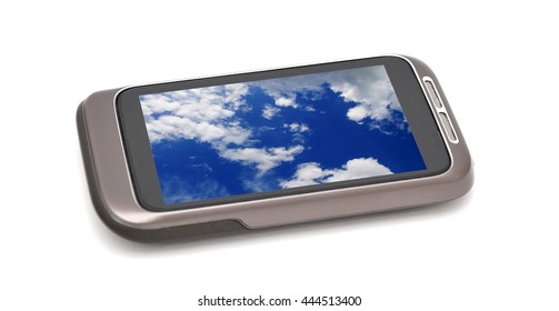 Modern smartphone with sky and clouds theme wallpaper on screen. Smartphone is placed on white background.