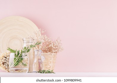 Modern Soft Light Pink Pastel Home Interior With Green Plant, Dried White Flowers, Beige Bamboo Plate On White Wood Background.