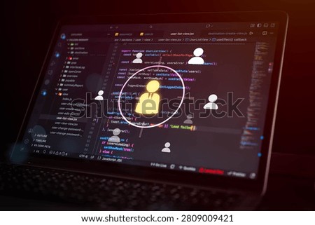 Modern software development concept showing source code interface with user icons overlay, representing user management system, data access, cybersecurity, programming workflow, and digital technology network.