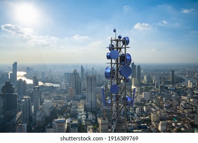 Modern solar cell antenna for 5G cellular network on city background, Future technology renewable energy concept