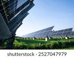 Modern solar panels in a solar farm converting sunlight into clean electricity. Durable installation on green grass, representing renewable energy and environmental conservation concepts.