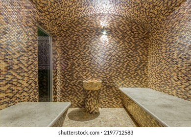 Modern SPA Interior Design, Decorated With Beige-brown Mosaic Tiles In Oriental Style.