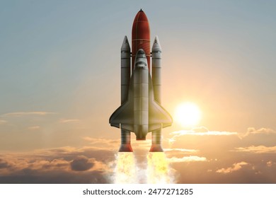 Modern space rocket in beautiful cloudy sky