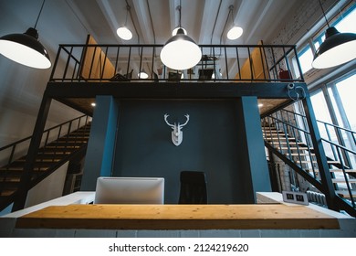 Modern Spacious Stylish Office In Loft Style. Workspace Without People.