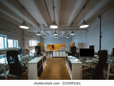 Modern Spacious Stylish Office In Loft Style. Workspace Without People.