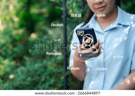 Modern speech recognition technology and language innovation concept. Woman using AI voice assistant on smartphone with multilingual interface for translation and global education communication.