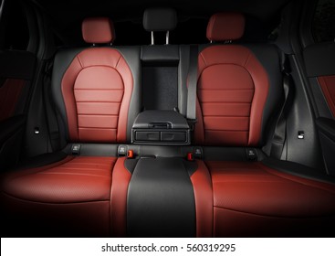 Modern Sport Car  Red Leather Interior, Backseats Front View.