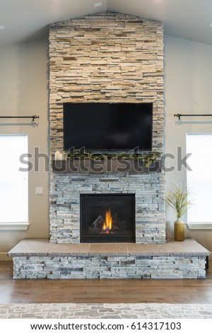 Modern Stacked Stone Fireplace