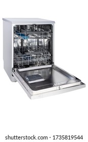
Modern stainless steel dishwasher side view with open door, isolated on a white background