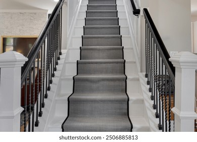 Modern Staircase With A Runner Carpet And Sleek Black Railing - Powered by Shutterstock