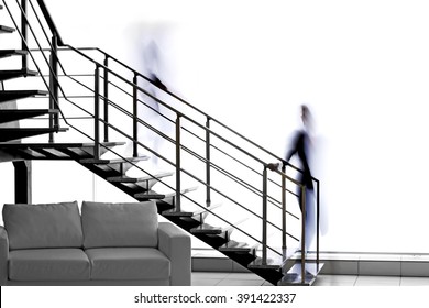 Modern Stairs In Office And Blurred Silhouettes Of Moving People