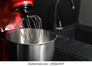 Modern Stand Mixer On Countertop In Kitchen, Closeup. Space For Text