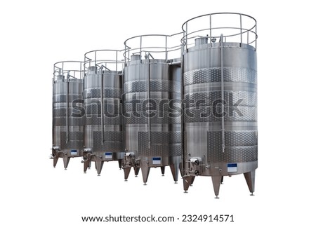 Modern steel clear wine tanks isolated on white background, with clipping path. Full Depth of field. Focus stacking.