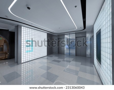 Modern steel elevator cabins in a business lobby or Hotel, Store, interior, office,perspective wide angle.